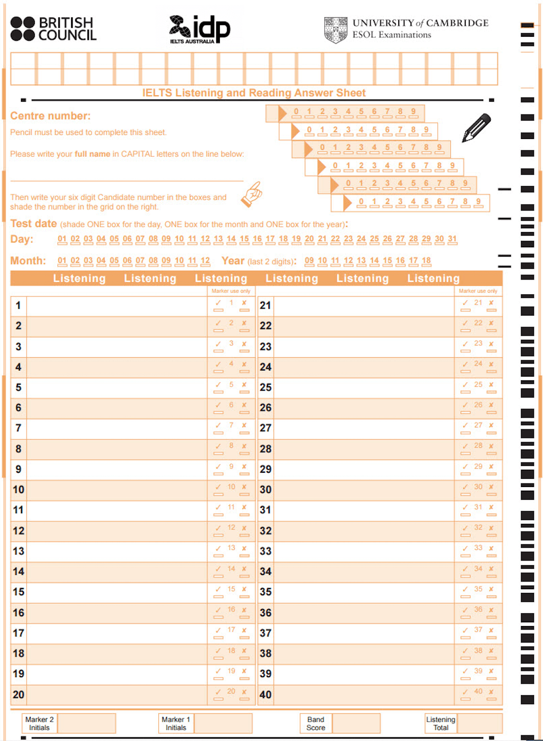 IELTS Listening Answer Sheet